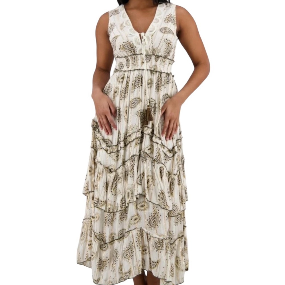 D100 - Boho BROWN Ruffle Embroidered  Resort Vacation Maxi Dress 25119